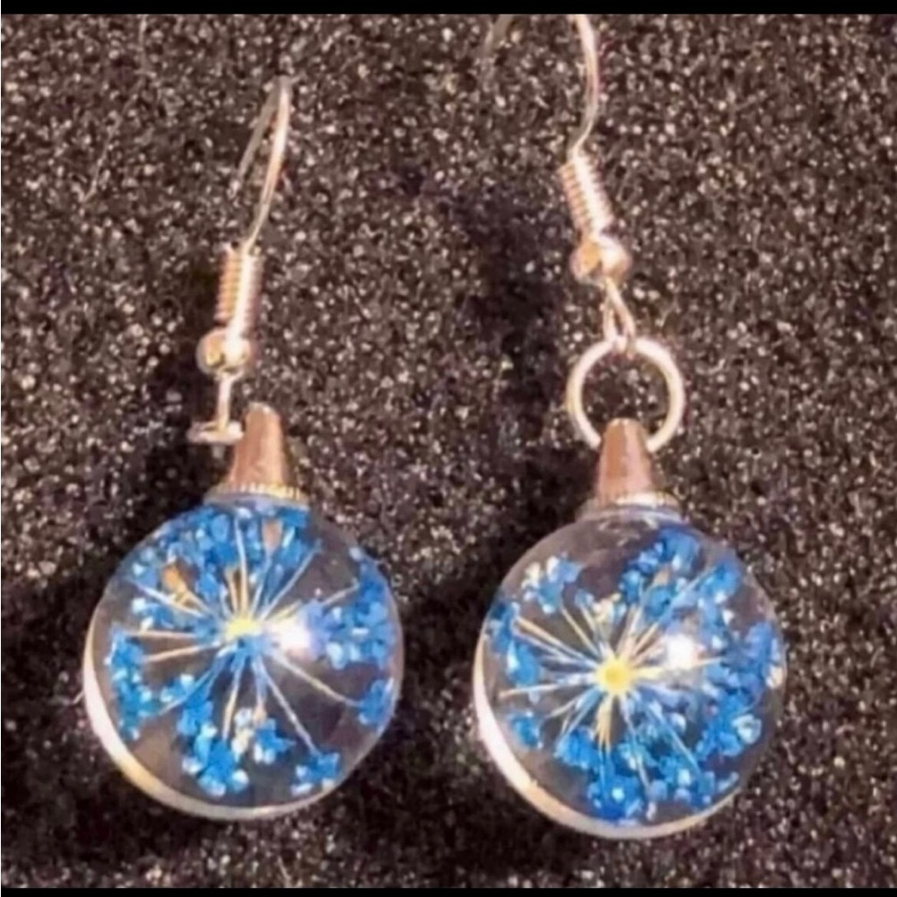 Blue Pressed Flower Glass Dangle Earrings